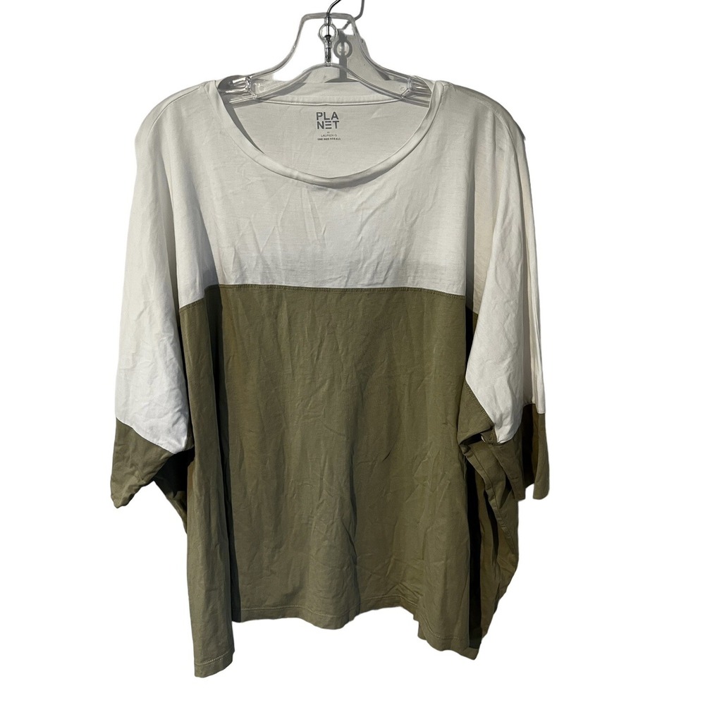 Planet by Lauren G White Green Pima Cotton Dolman Colorblock Top One Size